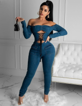 Sexy Off Shoulder Lace Up Denim Jumpsuit with Sleeves