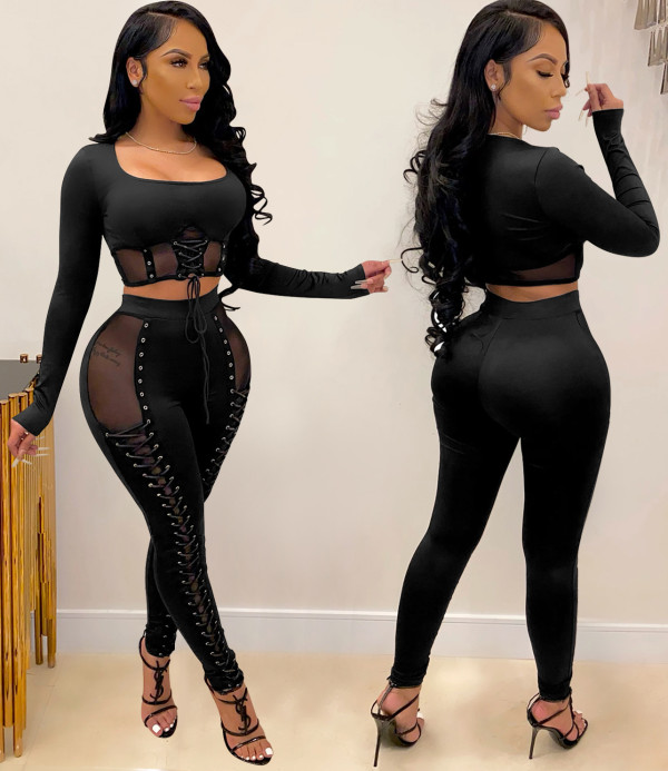 Sexy Lace-Up Mesh Patch 2PC Bodycon Crop Set