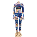 Colorful Print Sexy 2PC Bodycon Crop Set with Wide Sleeve Cuffs