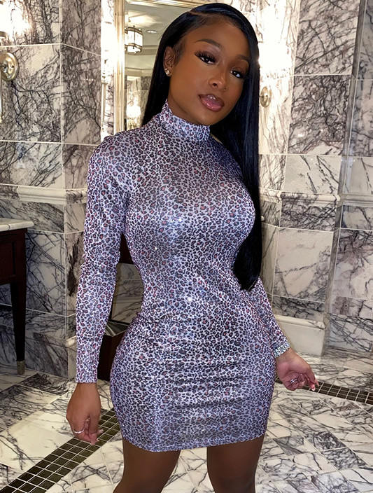 Party Sexy Leopard Print Long Sleeve Bodycon Dress