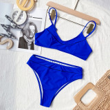 2PC Blue Simple Middle Waist Strap Swimwear
