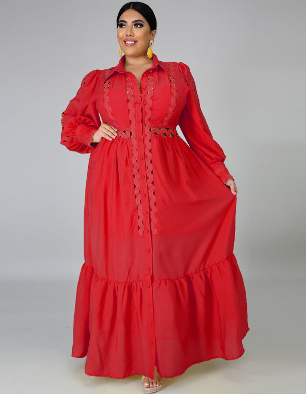 Plus Size Red Hollow Out Long Dress with Full Sleeves