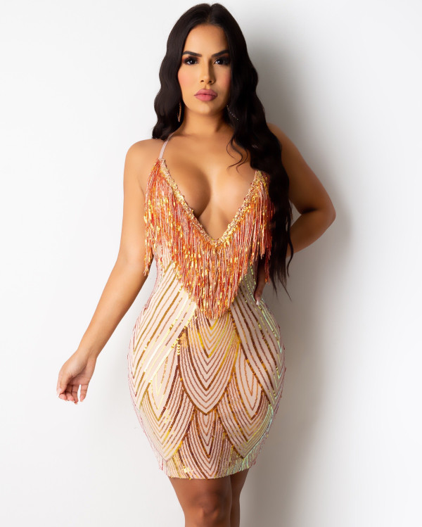 Party Sexy Sequins Fringe Halter Bodycon Dress