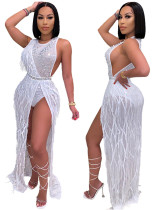 Party Sexy Luxury Sleeveless White Beaded Fringe Long Dress