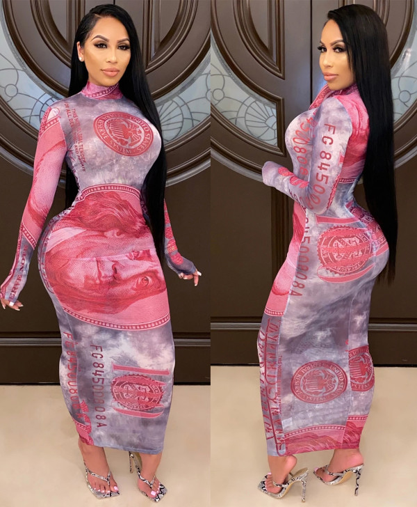 Money Print Sexy Long Party Dress with Full Sleeves