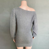 Spring Grey Slash Shoulder Mini Sweater Dress with Bat Sleeves