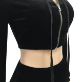 Casual Two Piece Matching Velvet Crop Top and Pants Tracksuit