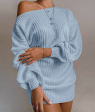 Spring Blue Slash Shoulder Mini Sweater Dress with Bat Sleeves