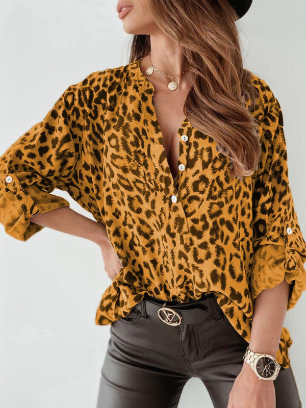 Elegant Leopard Print Long Sleeve Loose Blouse