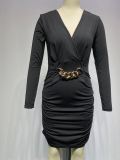 Elegant Black Wrapped Long Sleeve Mini Dress