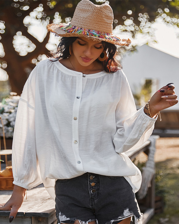 Spring Solid Color Long Sleeve Loose Blouse