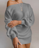 Spring Grey Slash Shoulder Mini Sweater Dress with Bat Sleeves