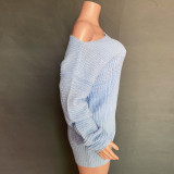 Spring Blue Slash Shoulder Mini Sweater Dress with Bat Sleeves