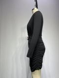 Elegant Black Wrapped Long Sleeve Mini Dress