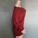 Spring Red Slash Shoulder Mini Sweater Dress with Bat Sleeves