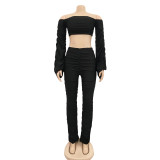Sexy Two Piece Plain Ruched Crop Top and Pants Matching Set