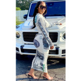 Money Print Sexy Long Party Dress with Full Sleeves