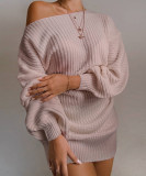 Spring Beige Slash Shoulder Mini Sweater Dress with Bat Sleeves