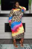 Plus Size Leopard Print Long Sleeve Bodycon Dress