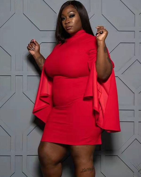 Plus Size Red Bodycon Party Dress with Wide Sleeves