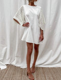 Summer White O-Neck Shirt Dress with Knit Patch Sleeves