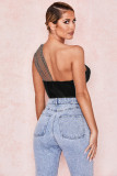 Party Sexy Black Mesh Patch One Shoulder Bustier Top