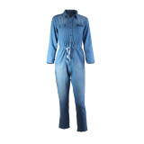 Casual Blue Long Sleeve Drawstrings Denim Jumpsuit