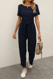 Summer Casual Solid Color Short Sleeve Loose Jumpsuit