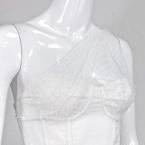 Party Sexy White Mesh Patch One Shoulder Bustier Top