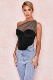 Party Sexy Black Mesh Patch One Shoulder Bustier Top