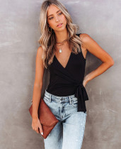 Summer Sexy Black Sleeveless Wrapped Top