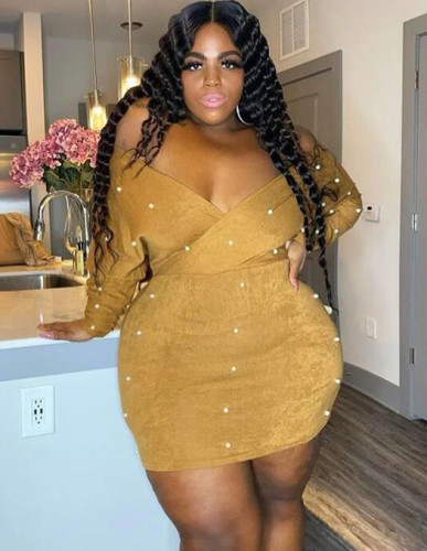 Plus Size Beads Wrapped Party Bodycon Dress with Full Sleeves
