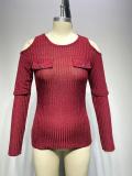 Spring Red Cut Out Knit Basic Top