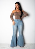 Blue Washed Bell Bottom High Waist Jeans