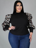 Plus Size Black Basic Top with Print Puff Sleeves