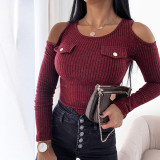 Spring Red Cut Out Knit Basic Top