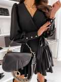 Black Elegant Long Sleeve Ruffles Wrap Dress