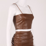 Party Sexy Leather Strap Crop Top and Mini Skirt Set