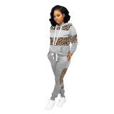 Long Sleeves Wide Stripes Leopard Hoody Sweat Suit
