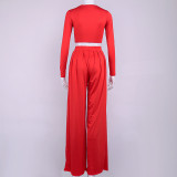 Formal Solid Plain Long Sleeve Crop Top and High Waist Wide Pants Set