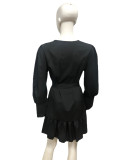 Black Elegant Long Sleeve Ruffles Wrap Dress