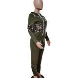 Long Sleeves Wide Stripes Leopard Hoody Sweat Suit