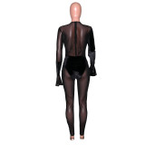 Black Sexy Mesh Patch Long Sleeve See Through Jumpsuit