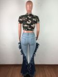 Stylish High Waist Contrast Fringe Flare Jeans