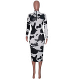 Sexy Long Sleeve Cow Print Midi Party Dress