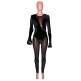 Black Sexy Mesh Patch Long Sleeve See Through Jumpsuit