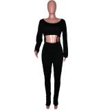 Sexy Long Sleeve Strings Crop Top and Ruched Pants Set