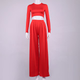 Formal Solid Plain Long Sleeve Crop Top and High Waist Wide Pants Set