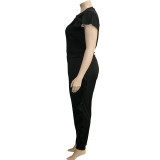 Plus Size Black Short Sleeve Ruffles Bodycon Jumpsuit