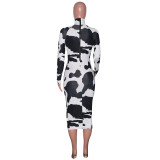 Sexy Long Sleeve Cow Print Midi Party Dress